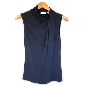 Dark Blue Gathered Fitted Neck Sleeveless Blouse